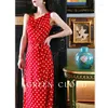 Casual Dresses Green Cherry Mousse Elegant Dangling Neck Tangerine Satin Wavelet Dot Dress Medium Length