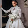Elegante muslimische Hochzeitskleider mit abnehmbarem Zug Brautkleider plus Größe Spitzenapplikationen Langarm Vestido de Novia2681