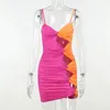 Casual Dresses Sunny Summer Patchwork Ruched Neon Y2K kläder ihåligt ut ärmlös rygglös bodycon mini för kvinnor 2023 Club Party