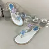 Women Summer Sandals Genuine Leather Silk Thong Sandals Crystal Flowers Flats Shoes Runway Outfit Vacation Buckle Strap Sandals