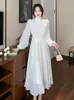 Casual Dresses 2023 Summer Elegant Stand Collar Lantern Sleeve Fairy White For Women Chic Tie Up Slim Party Robes Dress