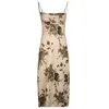 Casual Dresses Retro Floral Print Long Dress Elegant Female Sleeveless Square Collar Mid Eesthetic Slim Clubwear 2023