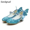 Sneakers Princess Butterfly Leather Shoes Kids Diamond Bowknot High Heel Children Girl Dance Glitter Shoes Fashion Girls Party Dance Shoe 230617