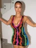 Casual Dresses Weird Puss Colorful Ribbon Dress Women Patchwork Deep V-Neck Sleeveless Skinny Stretch Elastic Mini Bodycon Midnight Clubwear J230619