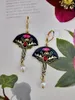 Pendientes colgantes, exquisita flor de cardo para mujer, abalorio en forma de abanico, esmalte negro, piedra roja, perla, joyería llamativa