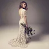 Vintage Boheemse Trouwjurken Schede Backless Full Lace Boho Bruidsjurken met Illusie Korte Mouwen Sweep Train Beach wedding2112