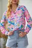 Partihandel Abstract Floral Print Button Up Polyester Long Sleeve Tops Shirts For Women