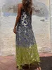 Grundläggande casual klänningar vår sommar lapptäckfickor bohemian lady klänning kvinnor v hals ärmlös fest klubb chic chic tryck maxi vestido 230619 estido