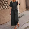 Kvinnors tvåbitar byxor 2023 Kvinnor Bomullslinne kostym Fashion Corth Mante och Long Solid Color Casual Loose Summer Set Dress