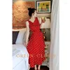 Casual Dresses Green Cherry Mousse Elegant Dangling Neck Tangerine Satin Wavelet Dot Dress Medium Length