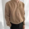 Camisas informales para hombre, abrigo superior de manga larga con cuello en V sin cuello para hombre, camisa de hombre de un solo pecho, ropa holgada de Color sólido