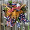 Decorative Flowers Door Light With Picture Wire For Wreaths Highlands Cow Wreath Fourth Of July Patriotic American Handmade