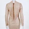 Casual Dresses Sexig Glittered BodyCon Party Mini Dress Fullärmade korta guldpläd Glittrar O Neck Night Club Spring