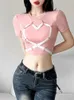 T-shirt da donna Harajuku Vintage Pink Love Lace-up Cute Y2K Sweet Sexy Women Solid All-match Estate manica corta Top corto Streetwear