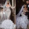 2022 Luxury Sparkly Mermaid Wedding Dresses V Neck Sequins Beaded Feather Long Sleeves Bridal Gown Tiered Ruffles Sweep Train Vest238T