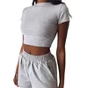 Survêtements pour femmes Ensemble 2 pièces pour femmes Costume de sport confortable Couleur unie Col rond Crop Tops Manches courtes T-shirts Taille haute Shorts Outfit