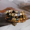 Strand Boho Ethnic Wooden Bead Bracelet Set For Women Gold Color Elephant Leaf Pendant Elastic Jewelry Accessories