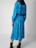 Casual Dresses Women Floral Print Blue Dress Viscose Turn-down Collar Long-sleeved Lady Irregular Midi Robe With Buttons 2023 Early Spring