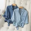 T-shirts pour femmes Noeud à l'ourlet Chemise en jean de couleur unie avec fil de soie Femme Été Minceur 5/4 Manches moyennes Mince et drapé