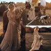 Nude Champagne Country Western Wedding Gowns Retro Cowgirl Long sleeve V-Neck Bohemian Lace Bridal Dresses Chic Sweep Train Tulle 334S