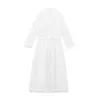 Vestidos Casuais Maxdutti 2023 Algodão Francês Oco Bordado Vestido Midi Elegante Branco Verão Moda Camisa Longa Feminina