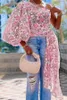 Magliette da donna Camicette monospalla trasparenti in chiffon sexy Camicette a maniche lunghe a lanterna da donna con cinturini Stampa floreale moda estiva