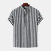 Men's Casual Shirts Summer Men Turn Down Collar Short Sleeve Button Loose Male Stripe Stand Shirt Blouse Oversized