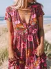 Casual Dresses Vintage Chic Women Short Sleeve Floral Print Fashion Beach Bohemian Mini Dress Ladies V-neck Summer Rayon Cotton Boho Dresses J230619