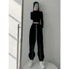 American Casual Sweatpants Women Trousers Spring Autumn Vertical Strip Stitching Loose Cropped Pants Drawstring Leggings