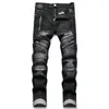 Men's Jeans 2023 High Quality Men Black Biker Coated Straight Pleated Casual Male Motorcycle Denim Pants Vaqueros Hombre