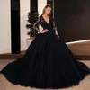 Vestido de Baile Gótico Vestidos de Noiva Pretos Lantejoulas Apliques de Renda Vestidos de Noiva com Manga Longa Renda Vestidos Princesa Mariage Plus Siz303Y