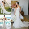 컨트리 스타일 칼집 레이스 웨딩 드레스 2019 V Neck Beach Boho 신부 가운 Mermaid Custom Backless Outdoor Bride Dresses vesid3371
