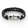 Strand 2 Pcs/set Noble 6mm Matte Black Stone Beads Bracelet Pave CZ 4 Color Cross Bracelets For Women&Men Charm Jewelry Pulseras Gift