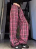 Women's Pants Capris QWEEK Harajuku Pink Plaid Pants Women Cyber Y2K Egirl Wide Leg Checked Trousers Female Oversize Streetwear Edgy Style Sweatpants 230619