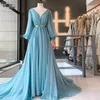 الأزرق الأزرق الأزرق في المساء ، الأكمام الطويلة فستان الرسمي A-LINE DEPED V-DEEC-chiffon Abendkleider Party Dresses