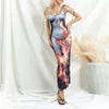 Casual Kleider Sexy Body Print Schnürung Hosenträger Midi Kleid 2023 Sommer Mode Frauen Ärmellose Rundhals Wrapped Bodycon Für Club Nacht