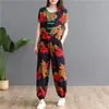 Women's Two Piece Pants Women's Casual Suit Summer Indie Folk Cotton Short Sleeved Crop Top Set China Style Mother's Plus Size