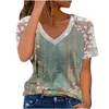 Damen-T-Shirts, kurzärmelige Oberteile mit V-Ausschnitt, Blumendruck, lässig, lockere Spitze, Tunika, Basic-T-Shirts