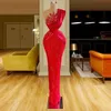 2023 Sexy red beaded Prom Dresses With pearls sexy off One Shoulder Crystal Sequins Beads High Side Split Floor Length Sheath One Shoulder Front Side Slit Even Gowns