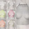 Tanques de mujer M2EA Mujeres Sexy Rhinestones Malla Halter Crop Top See Through Hollow Out Body Jewelry Bikini Camisola para Rave Party Clubwear