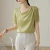 Women's Blouses Korean Fashion Satin Shirts Women Casual Solid Irregular Short Sleeve Folds Female Clothing 2023