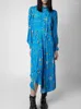 Casual Dresses Women Floral Print Blue Dress Viscose Turn-down Collar Long-sleeved Lady Irregular Midi Robe With Buttons 2023 Early Spring