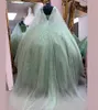 Luxe Groene Quinceanera Jurken 2023 Met Bloemen Sprankelende Pailletten Verjaardag Jurk Elegante Dubai Cape Galajurk Kralen Sweet 16 Party XV Debutante Vestidos 15 anos