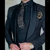 남자 양복 패션 자카드 남자 로얄 블루 숄 라펠 프린트 남성 정장 캐주얼 슬림 핏 우아한 (재킷 바지 조끼)