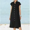 Robes décontractées basiques femmes boutonnées coton lin robe ample avec poche dames solide boutonné couverture chemise 230619