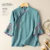 Ropa étnica algodón y bordado inclinado tapeta hebilla arte Retro camisa mujer primavera verano blusa