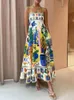 Basic Casual Dresses Elegant Print Colorful Long Dress Women High Waist Spaghetti Straps Backless Sexy Aline Ladies Summer Beach Vaction Robe 230619