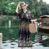 Casual Dresses Cotton Silk Dress Women Ethnic Style Printed 2023 Spring Summer Half Sleeve V-neck Loose Female Mujer Vestidos