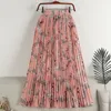 Röcke Vintage Floral Lange Plissee Frauen Koreanischen Stil Elastische Taille Chiffon Rock Weiblichen Frühling Sommer Lose A-Line Midi