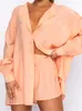 Kvinnors träningsdräkter Kvinnor Casual 2 Piece Tracksuit Loose Button Blus Shirt Top High Wasit Elastic Shorts Set Loungewear Summer Outfits